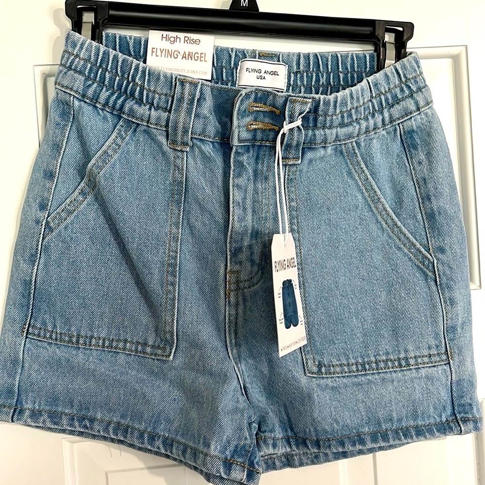Flying Angel NEW High Rise Medium Wash Denim Mom Shorts, Women’s Size 00 - Picture 3 of 7
